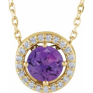 14K Yellow Gold Natural Amethyst & .05 CTW Natural Diamond Halo-Style 16" Necklace
