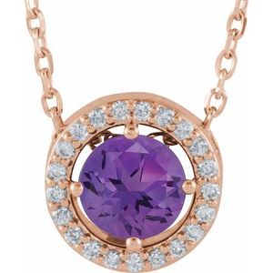 14K Rose Gold Natural Amethyst & .05 CTW Natural Diamond Halo-Style 16" Necklace