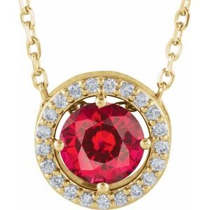 14K Yellow Gold Lab-Grown Ruby & .05 CTW Natural Diamond Halo-Style 16" Necklace