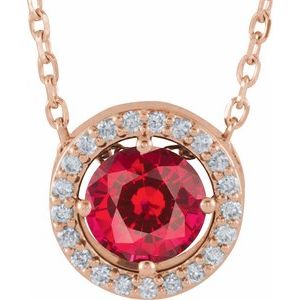 14K Rose Gold Lab-Grown Ruby & .05 CTW Natural Diamond Halo-Style 16" Necklace