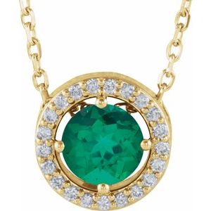 14K Yellow Gold Lab-Grown Emerald & .05 CTW Natural Diamond Halo-Style 16" Necklace