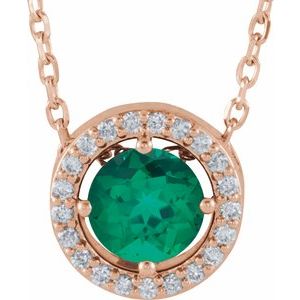 14K Rose Gold Lab-Grown Emerald & .05 CTW Natural Diamond Halo-Style 16" Necklace