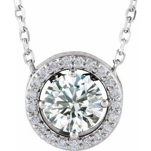 14K White Gold Natural White Sapphire & .05 CTW Natural Diamond Halo-Style 16" Necklace