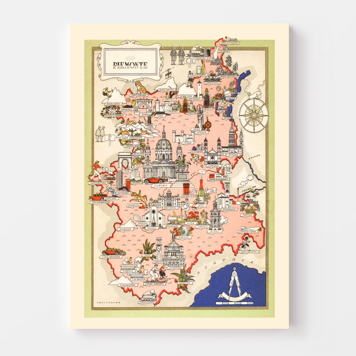 Vintage Map of Piemonte Italy, 1938