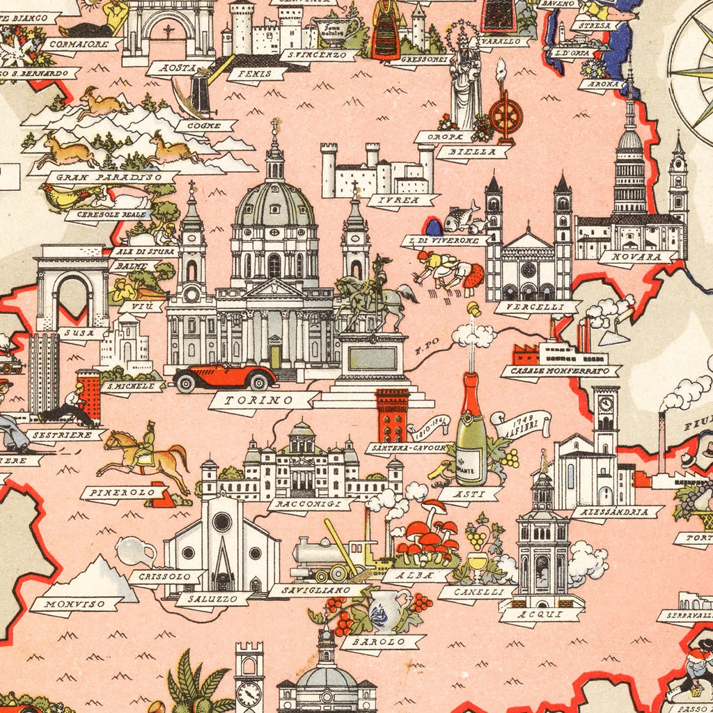 Vintage Map of Piemonte Italy, 1938