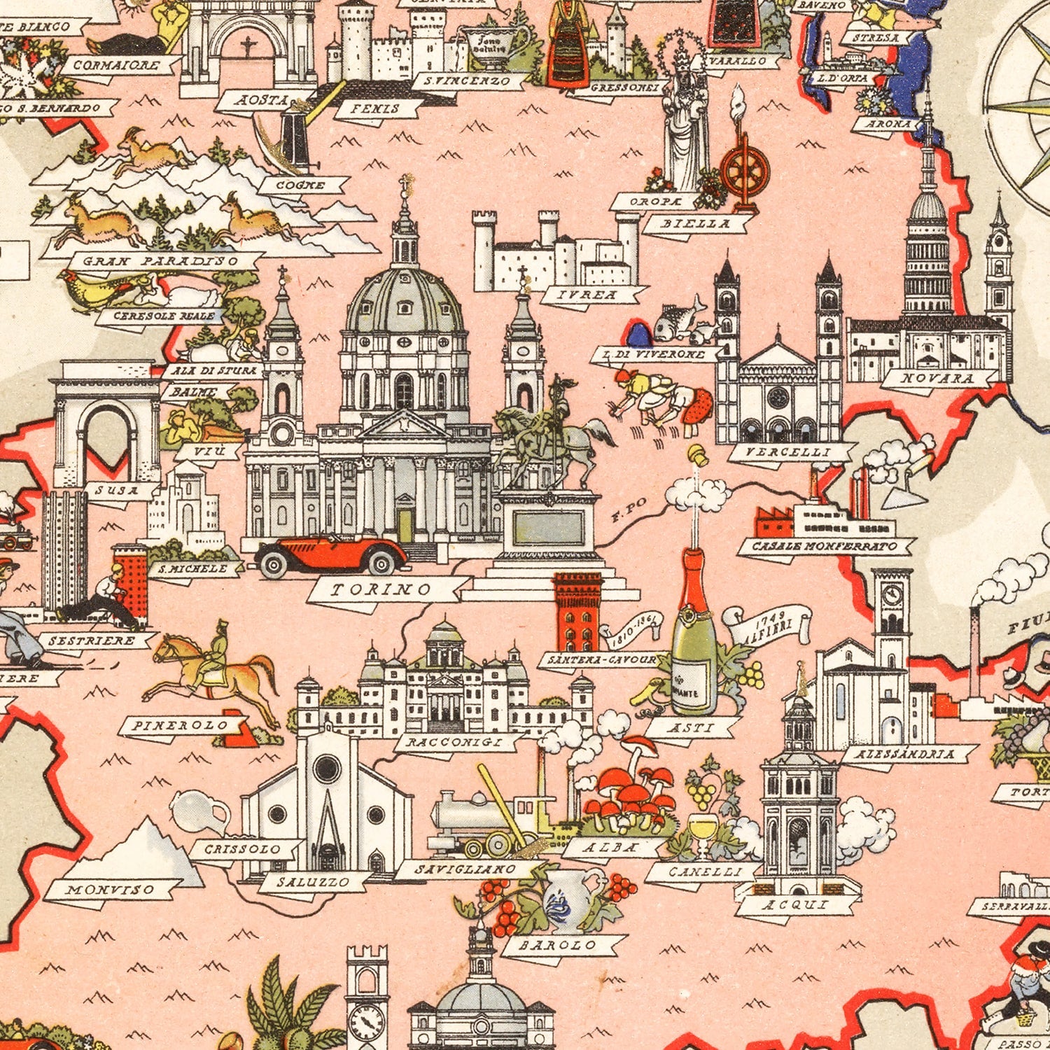 Vintage Map of Piemonte Italy, 1938