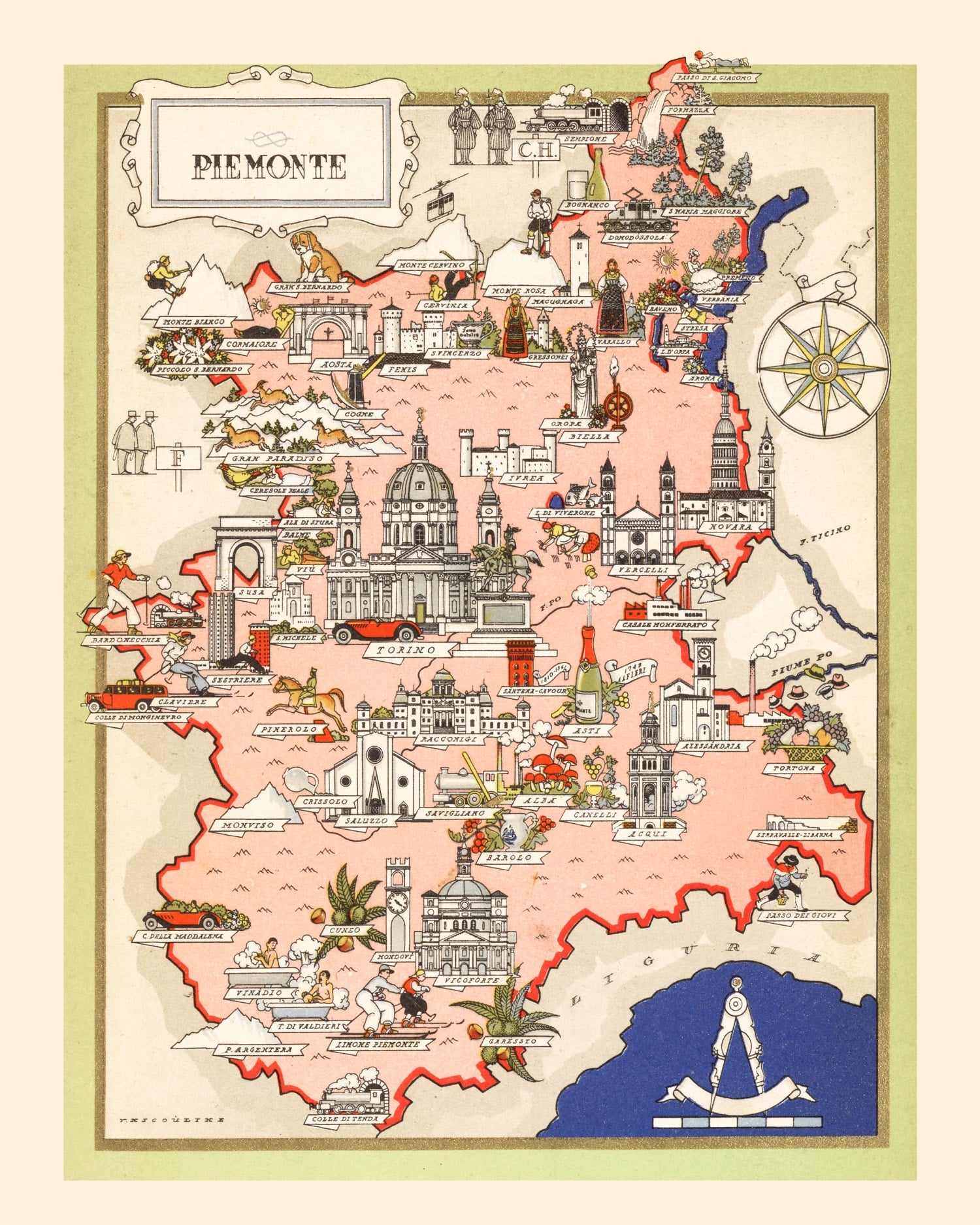 Vintage Map of Piemonte Italy, 1938