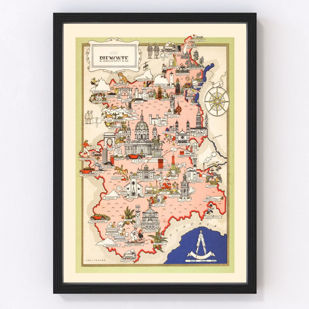 Vintage Map of Piemonte Italy, 1938