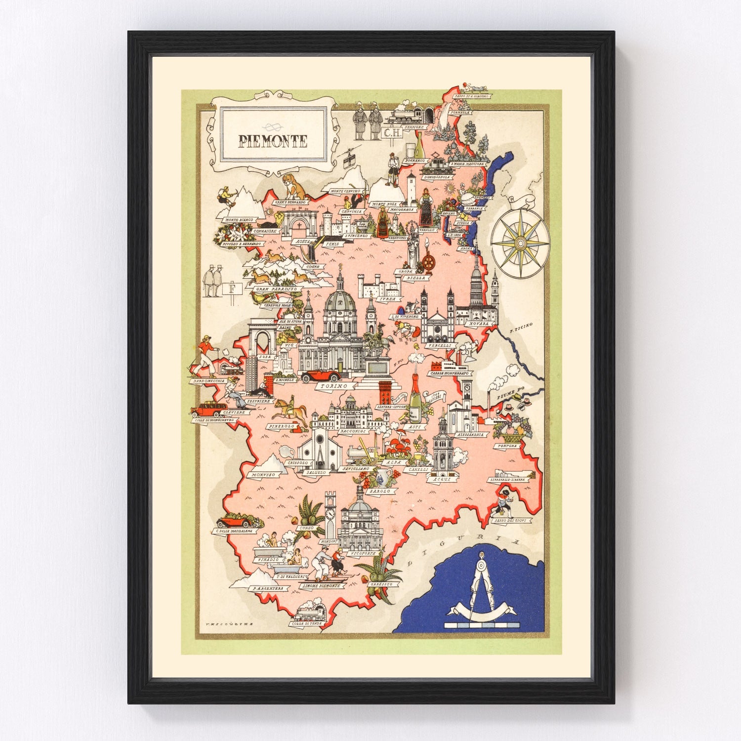 Vintage Map of Piemonte Italy, 1938