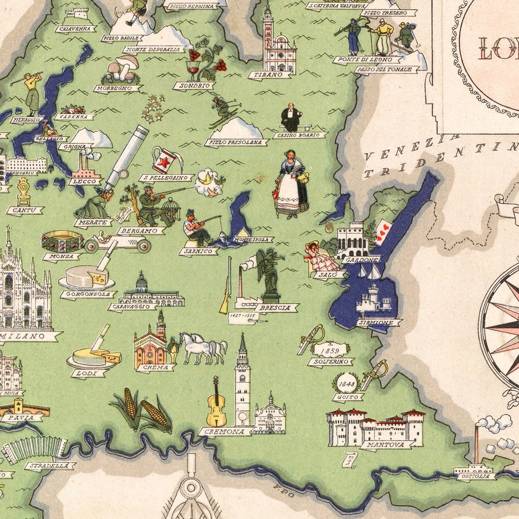 Vintage Map of Lombardy Italy, 1938