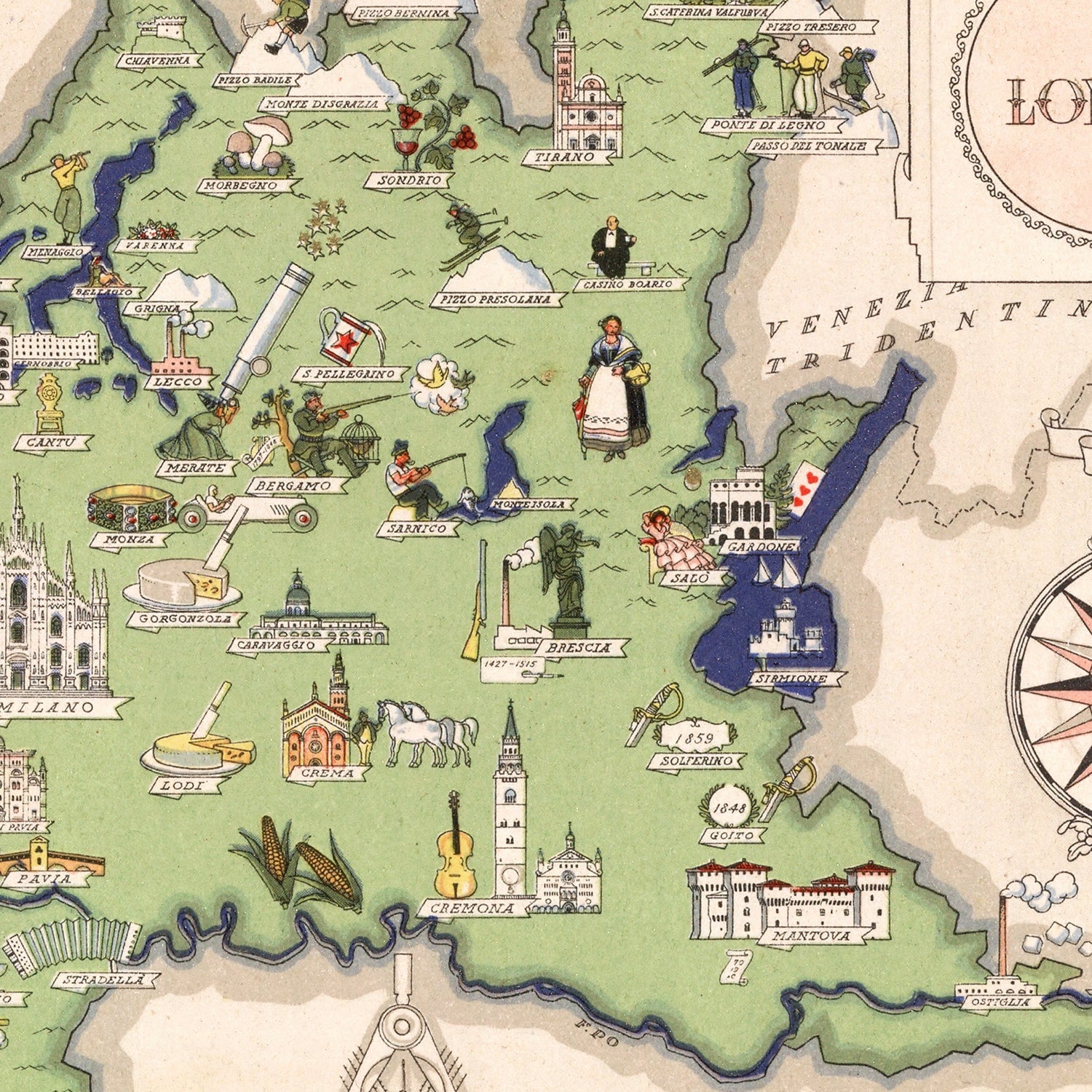 Vintage Map of Lombardy Italy, 1938