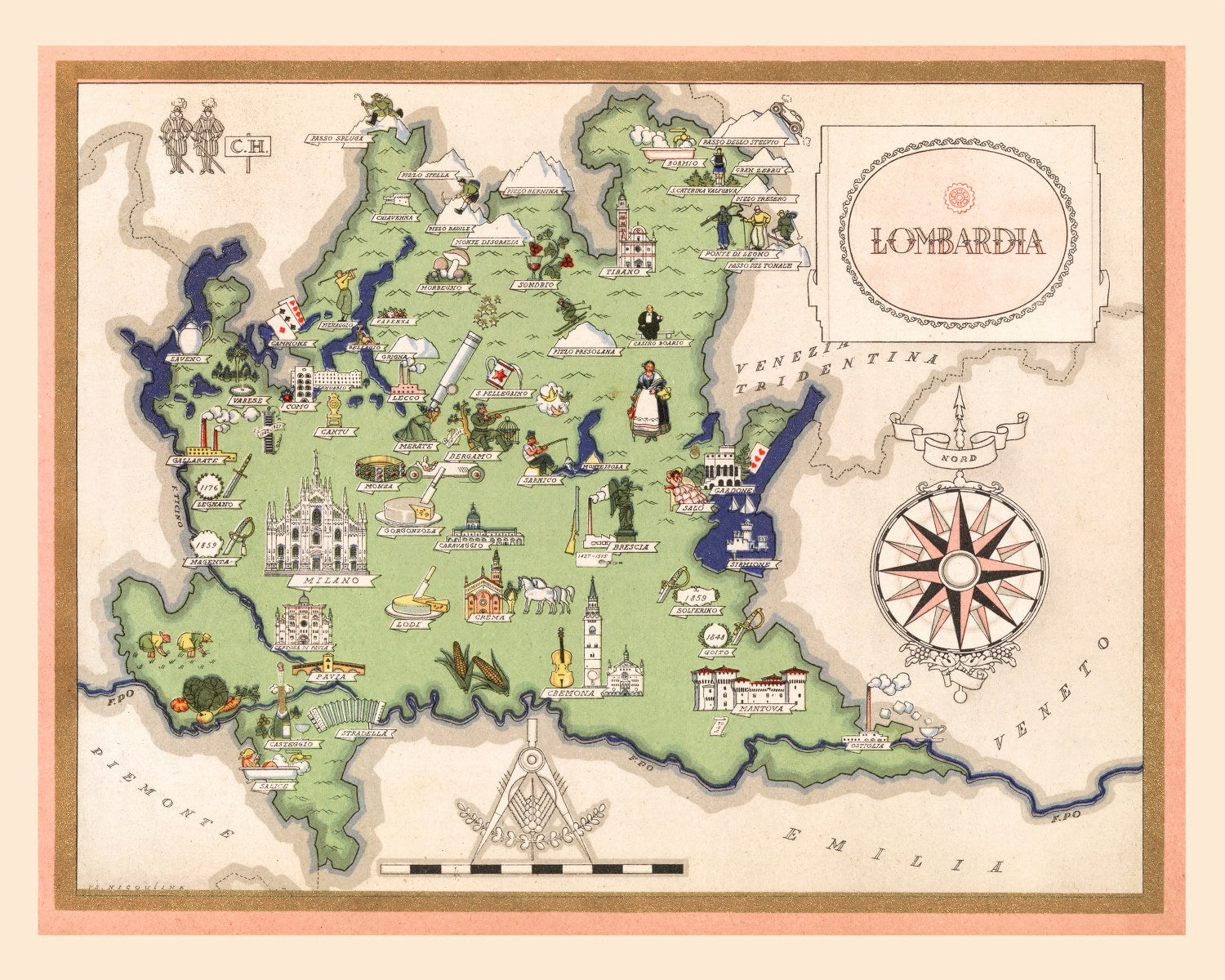 Vintage Map of Lombardy Italy, 1938