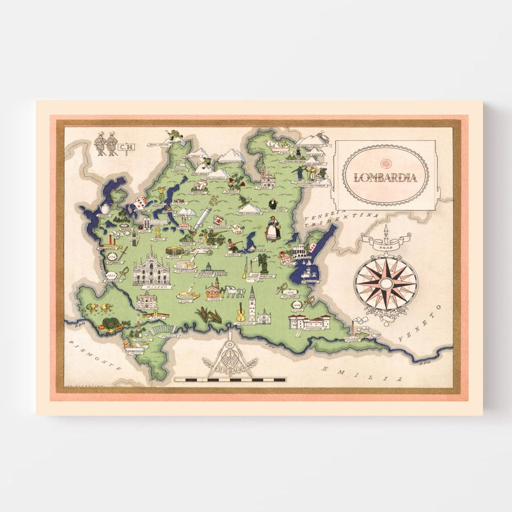 Vintage Map of Lombardy Italy, 1938