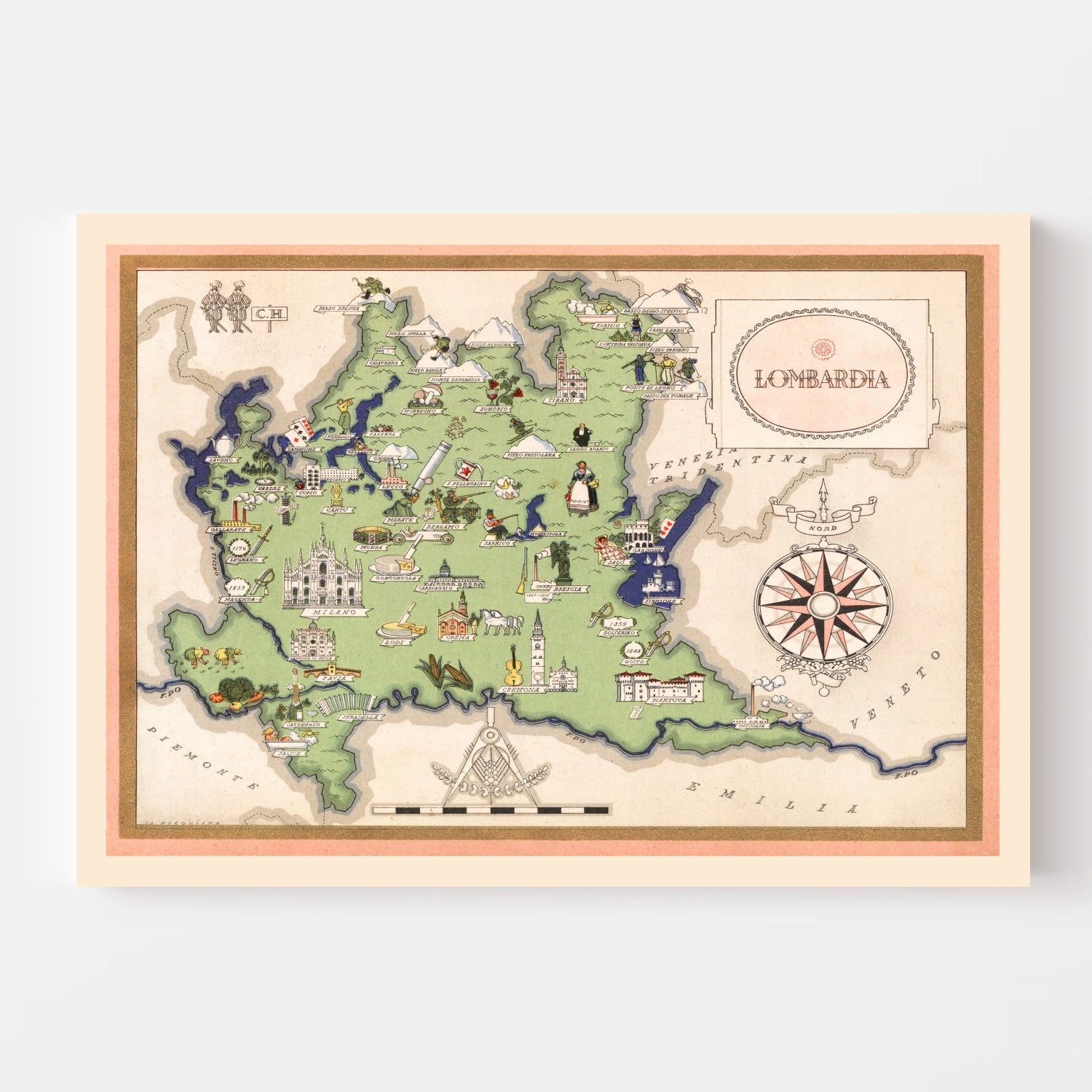 Vintage Map of Lombardy Italy, 1938