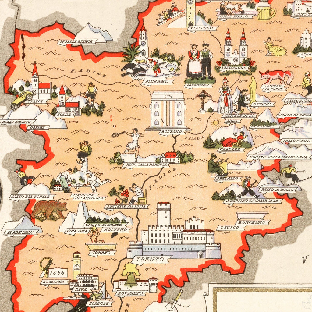 Vintage Map of Trentino-Alto Adige Italy, 1938