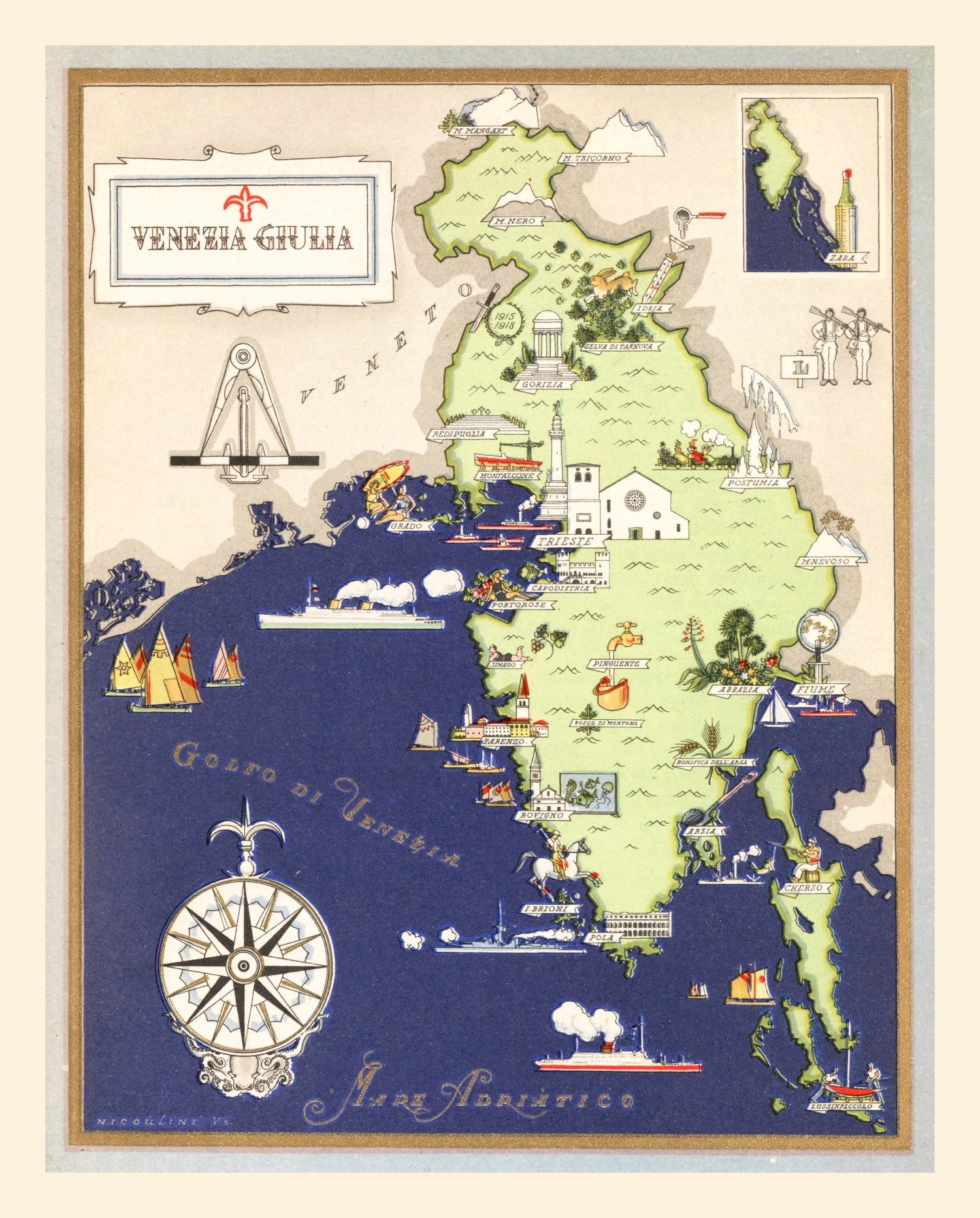 Vintage Map of Friuli Venezia Giulia Italy, 1938