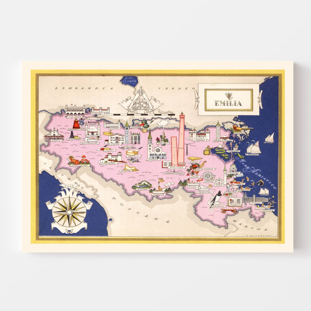 Vintage Map of Emilia-Romagna Italy, 1938