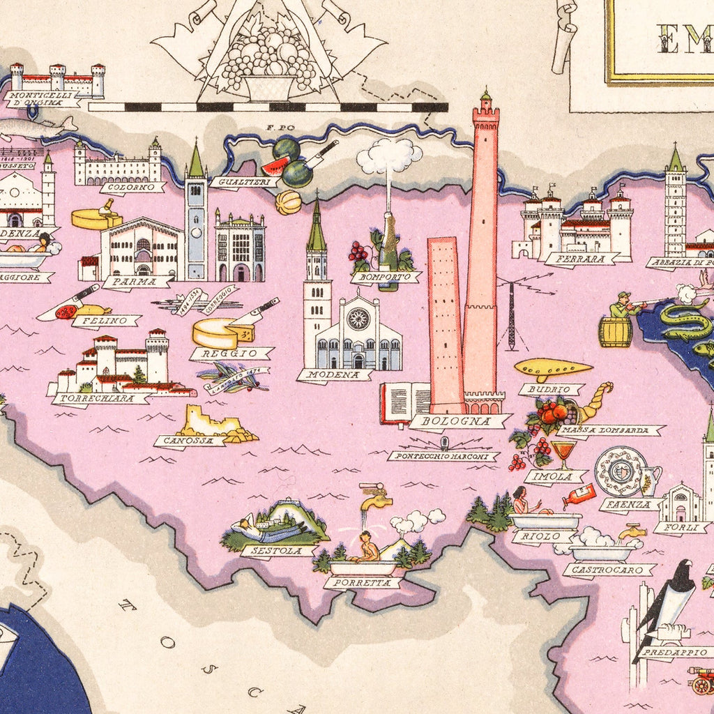 Vintage Map of Emilia-Romagna Italy, 1938