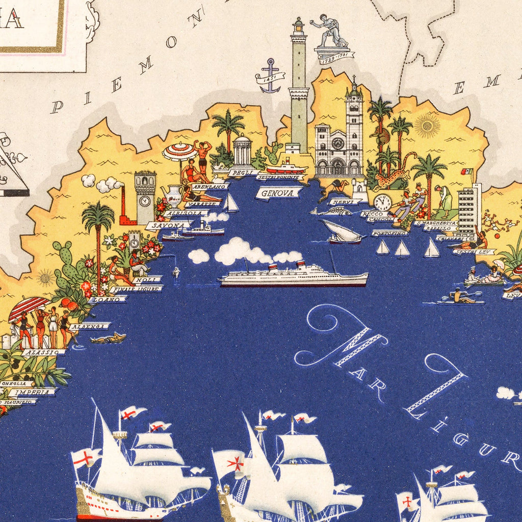 Vintage Map of Liguria Italy, 1938