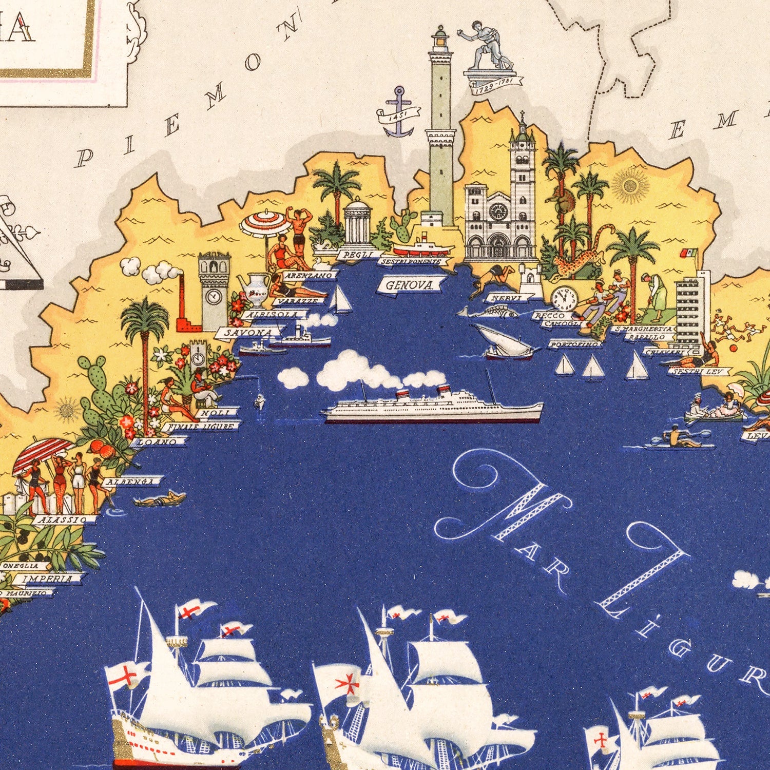 Vintage Map of Liguria Italy, 1938