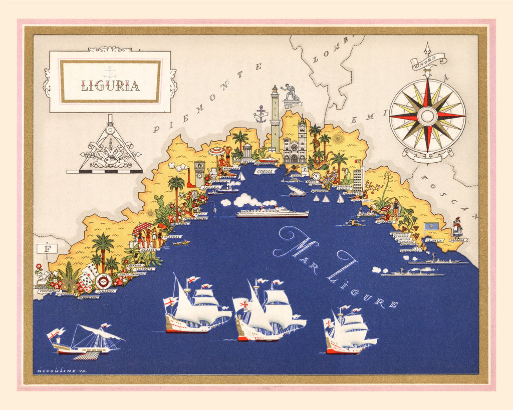 Vintage Map of Liguria Italy, 1938