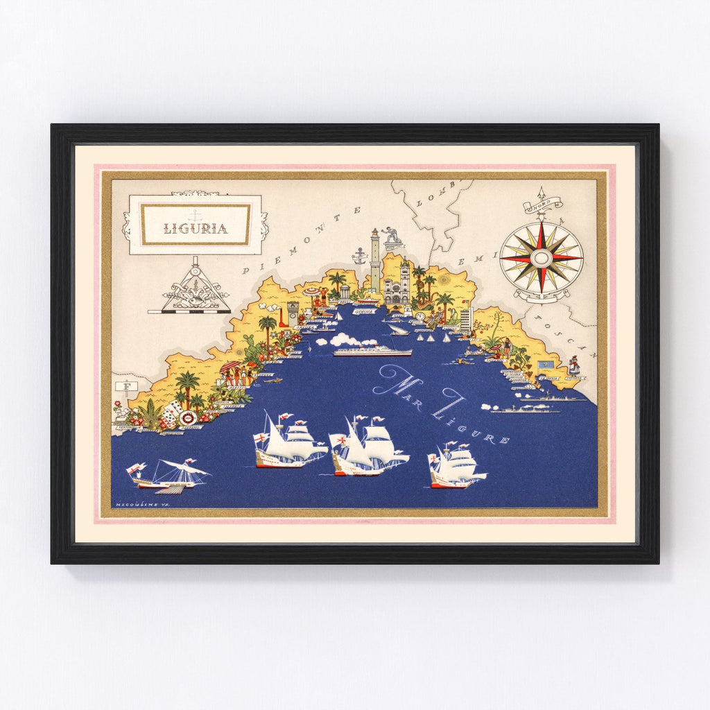 Vintage Map of Liguria Italy, 1938