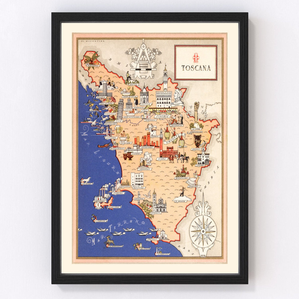 Vintage Map of Tuscany Italy, 1938