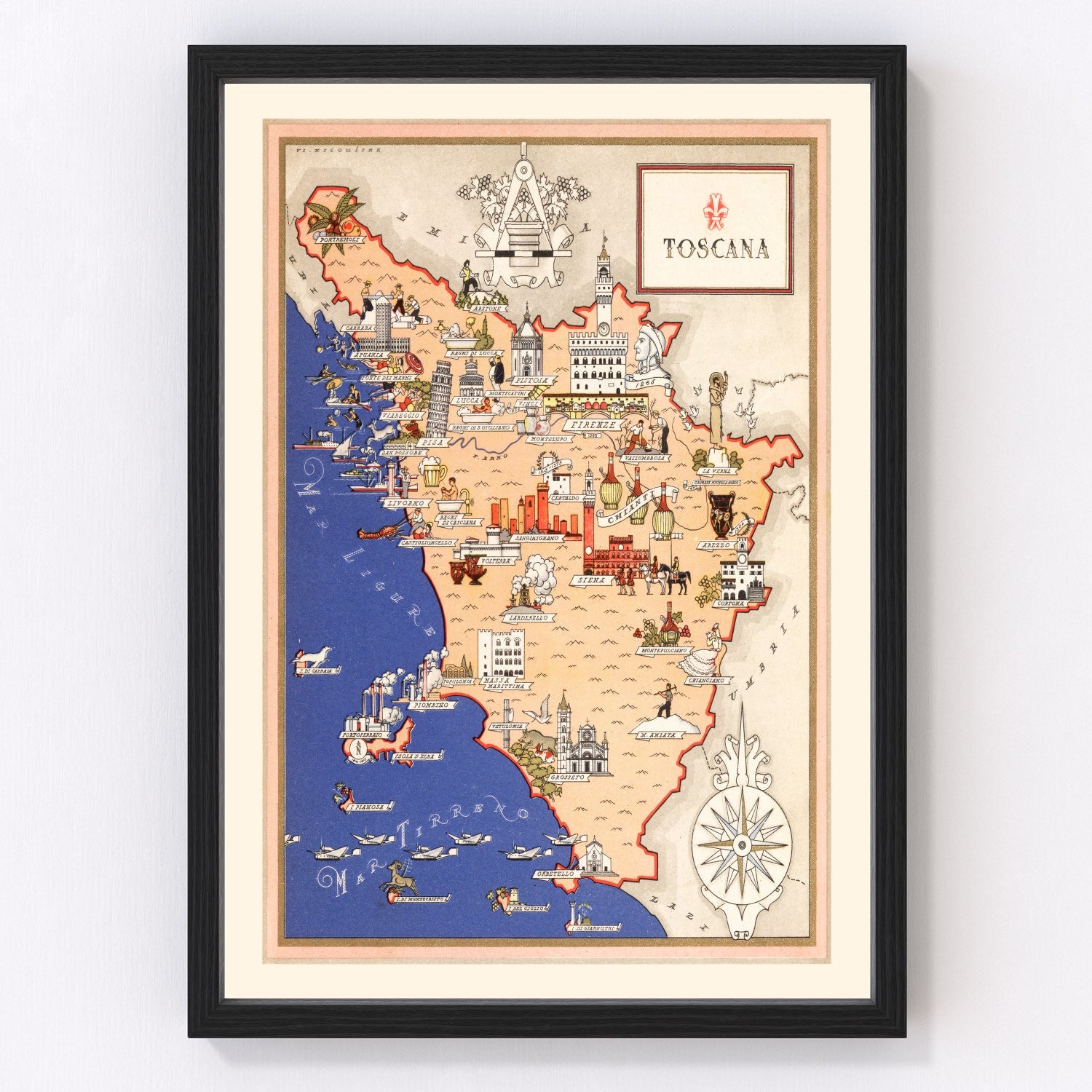 Vintage Map of Tuscany Italy, 1938