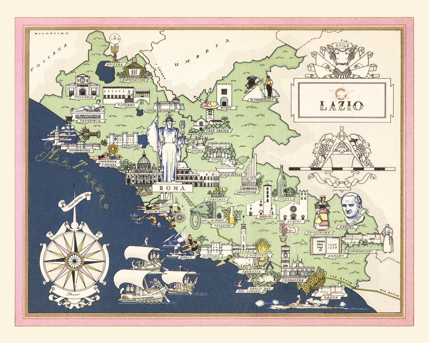 Vintage Map of Lazio Italy, 1938