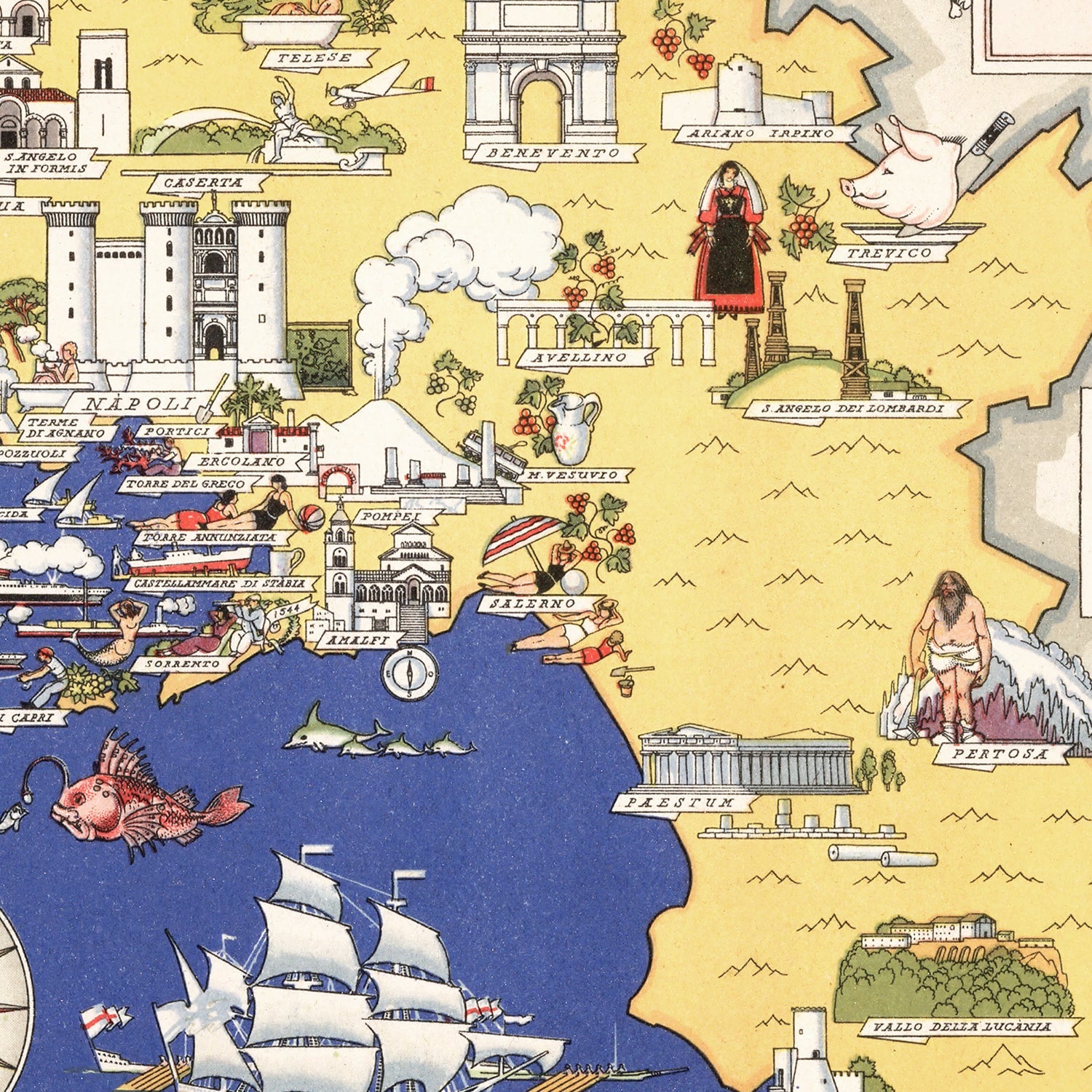 Vintage Map of Campania Italy, 1938