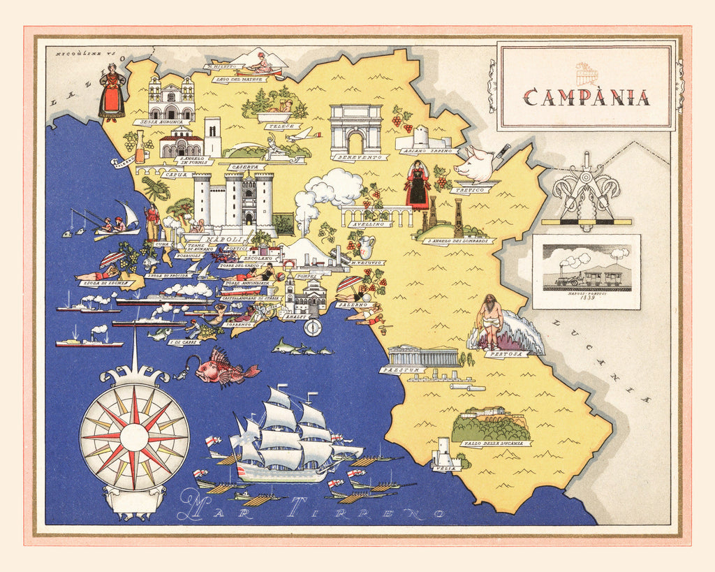 Vintage Map of Campania Italy, 1938