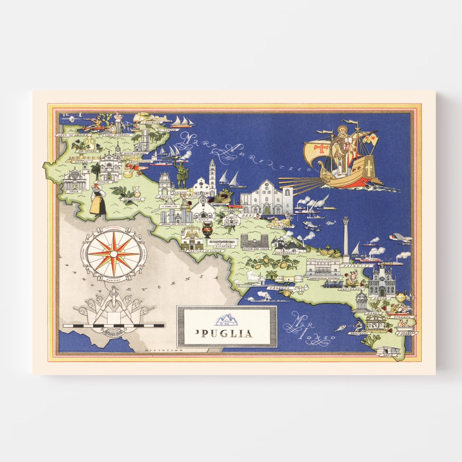 Vintage Map of Puglia Italy, 1938