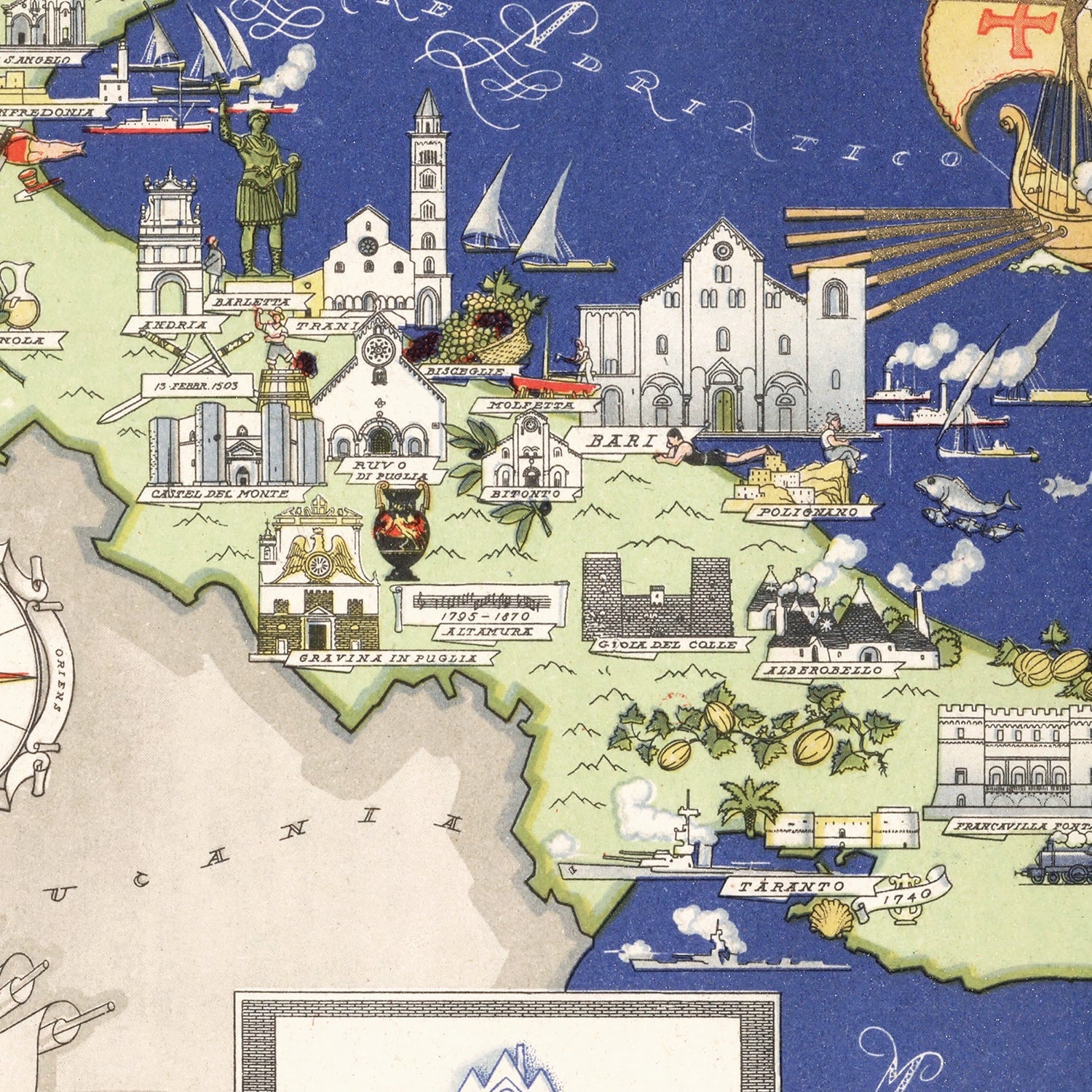 Vintage Map of Puglia Italy, 1938