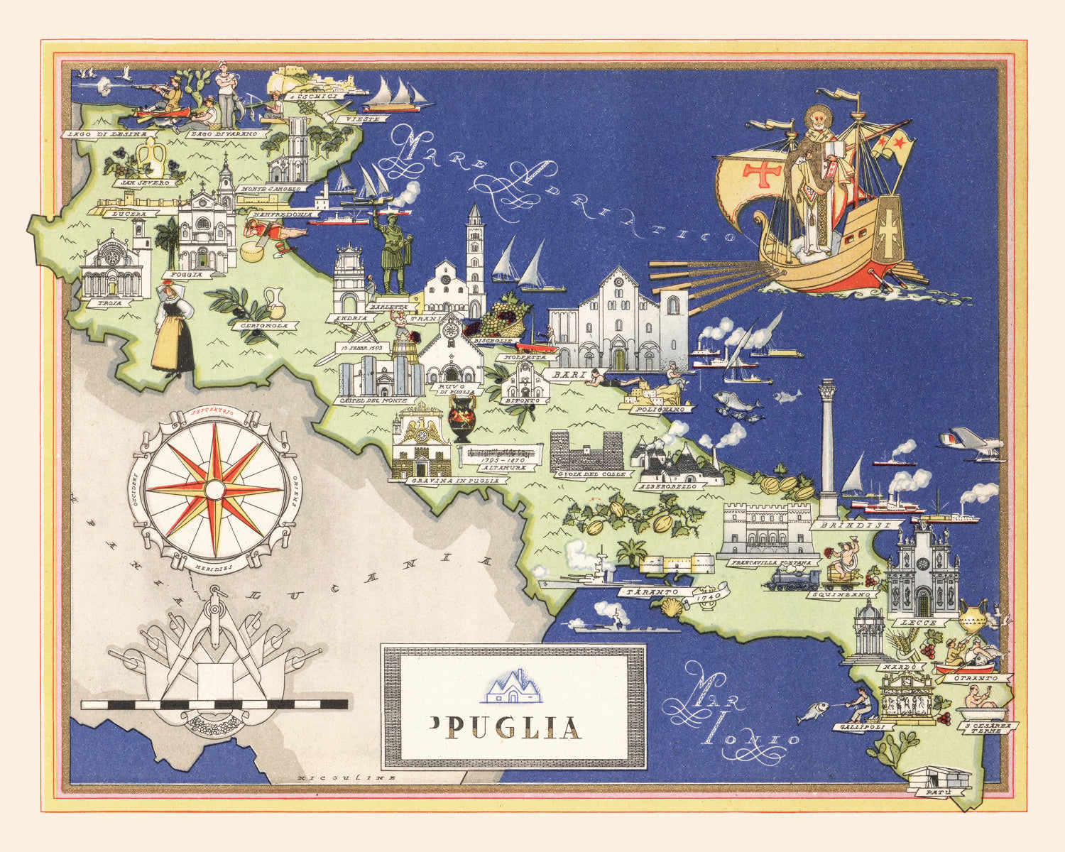 Vintage Map of Puglia Italy, 1938