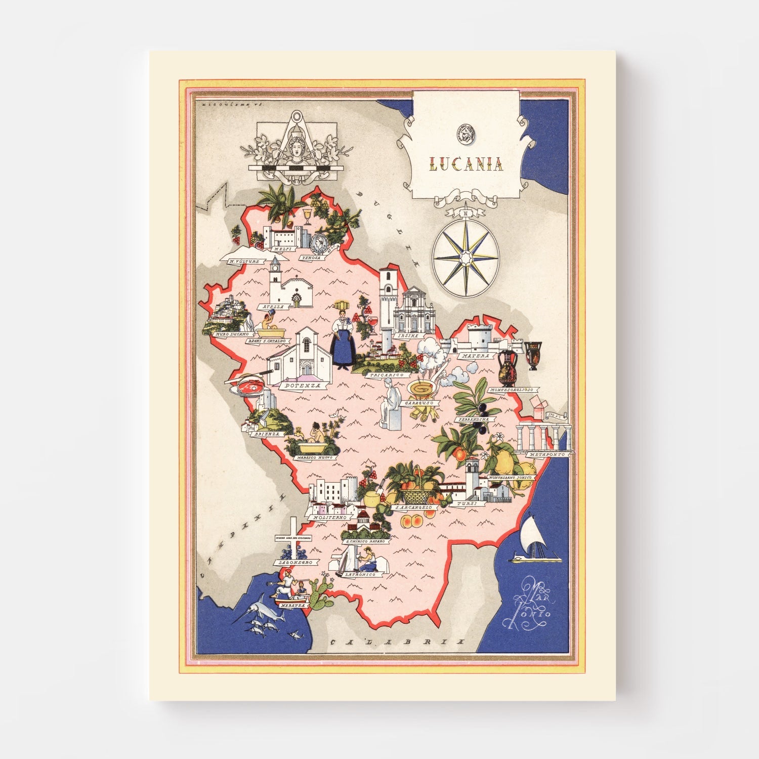 Vintage Map of Lucania Italy, 1938