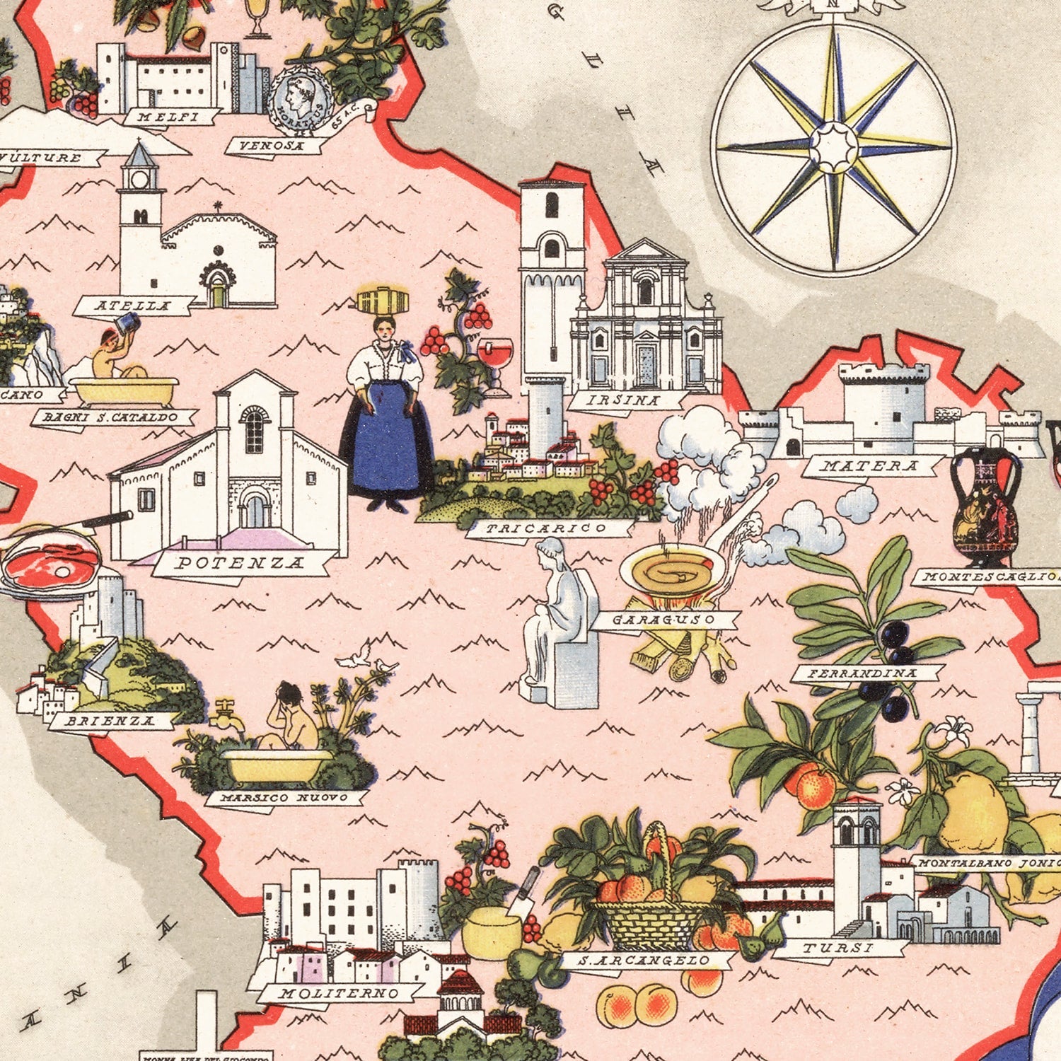 Vintage Map of Lucania Italy, 1938
