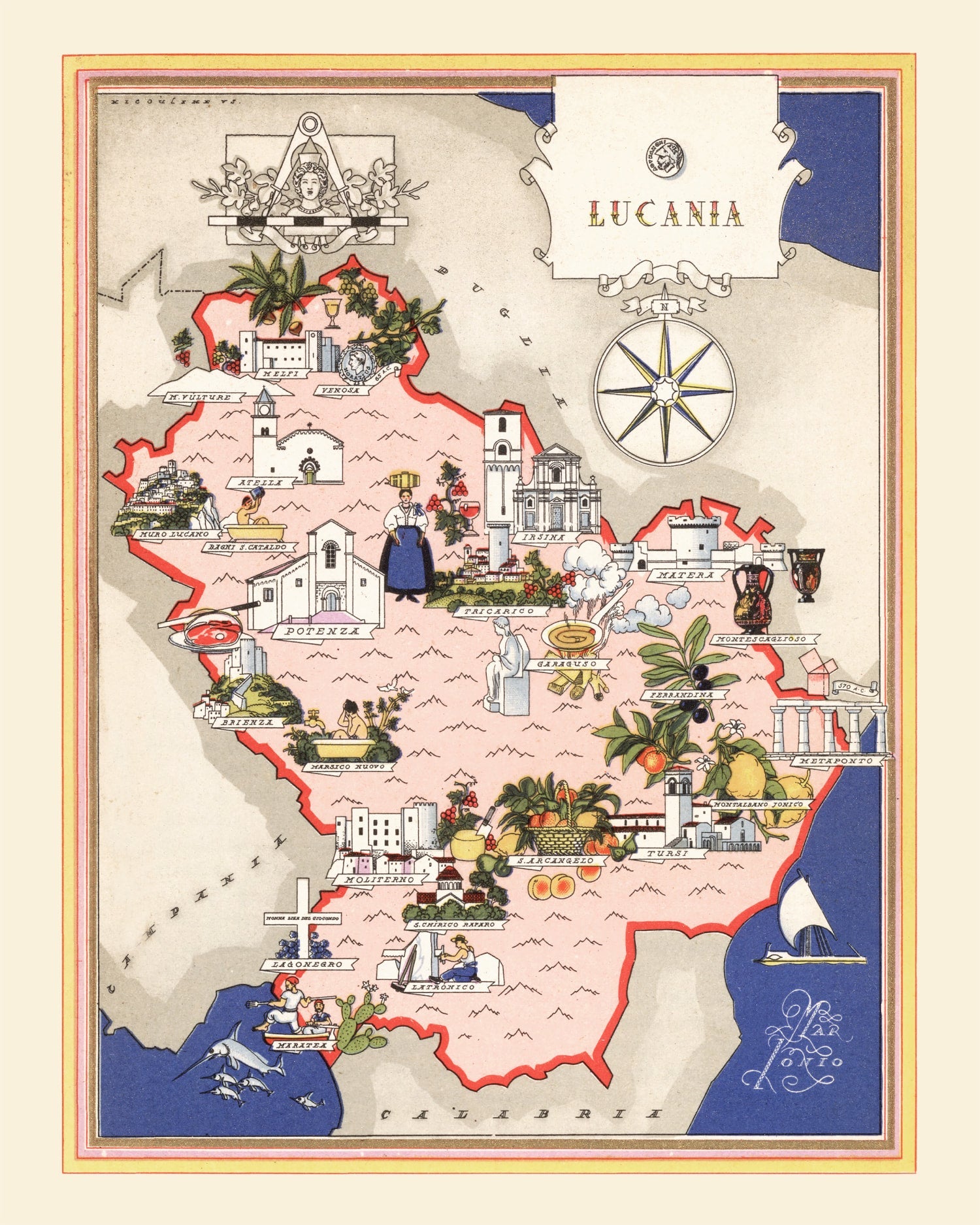 Vintage Map of Lucania Italy, 1938