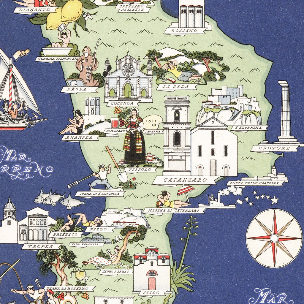 Vintage Map of Calabria Italy, 1938