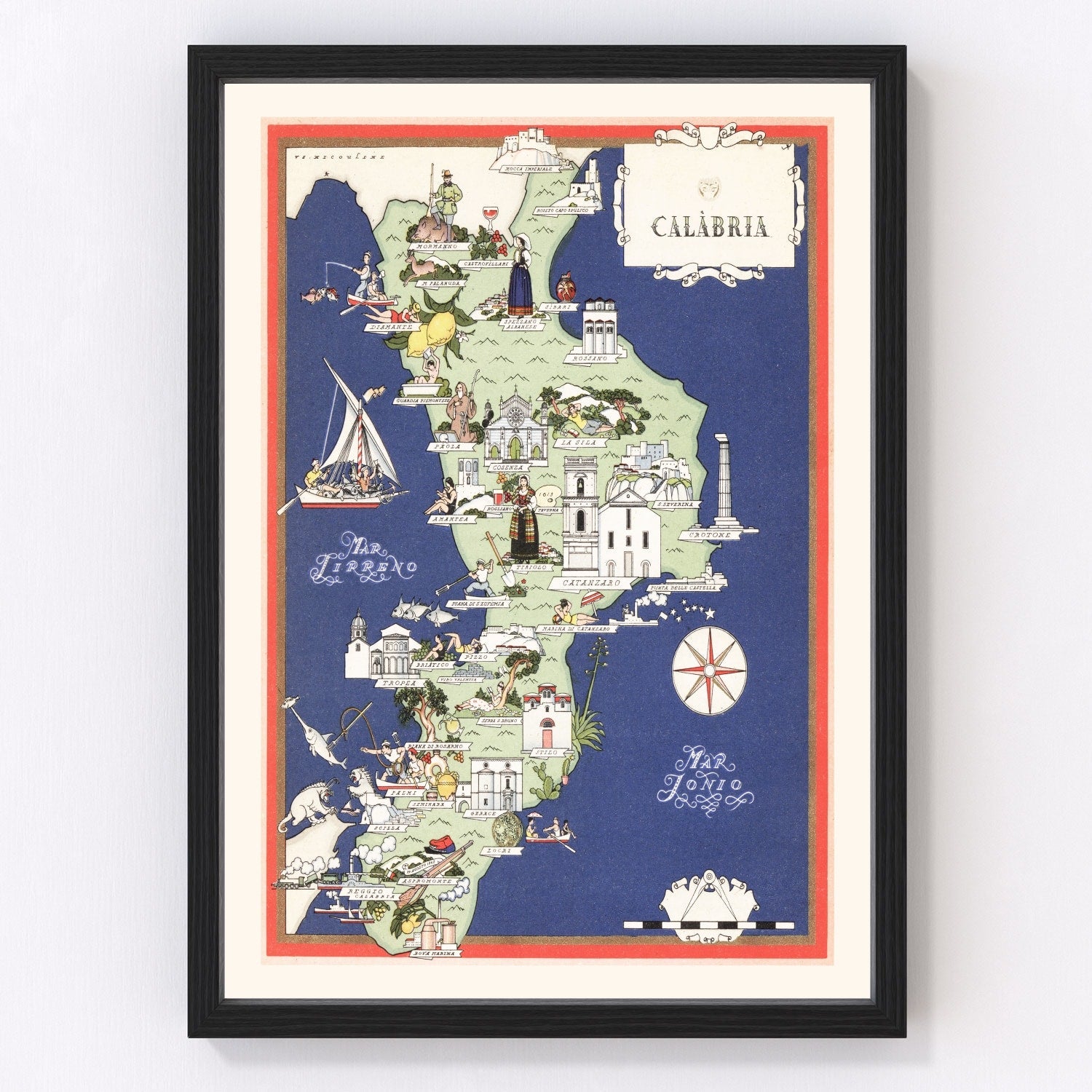 Vintage Map of Calabria Italy, 1938