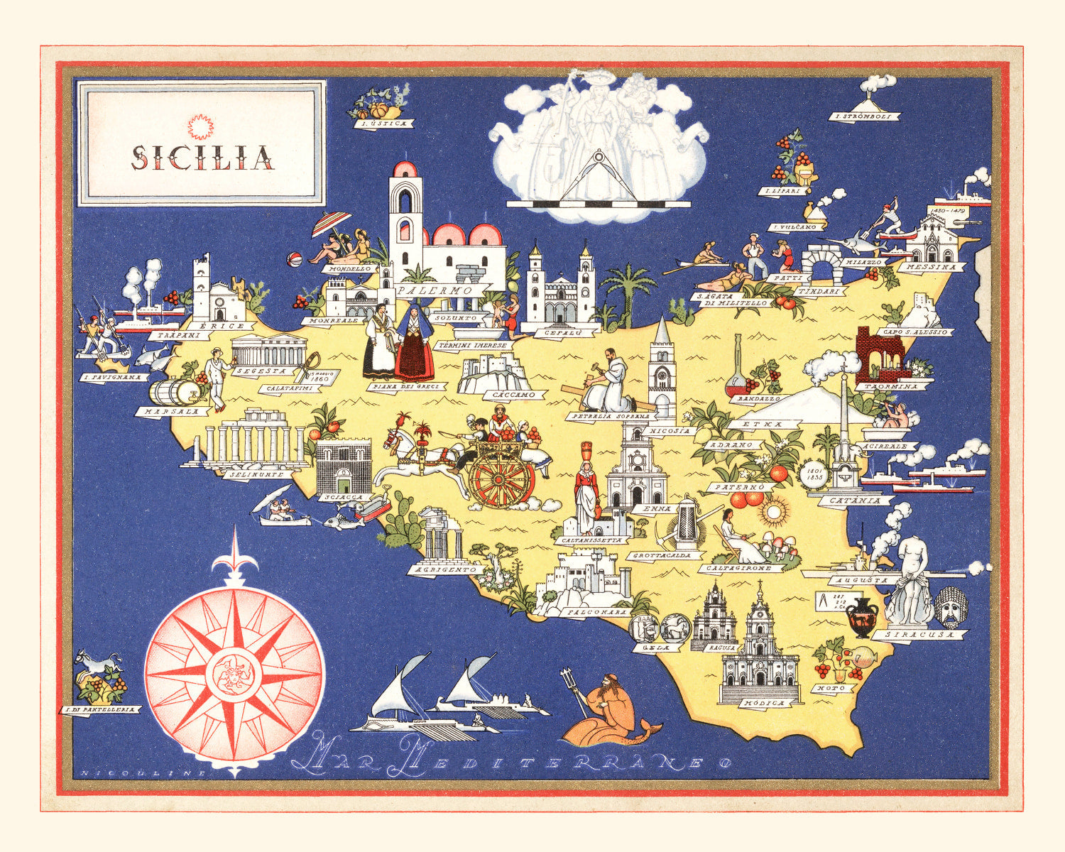 Vintage Map of Sicily Italy, 1938