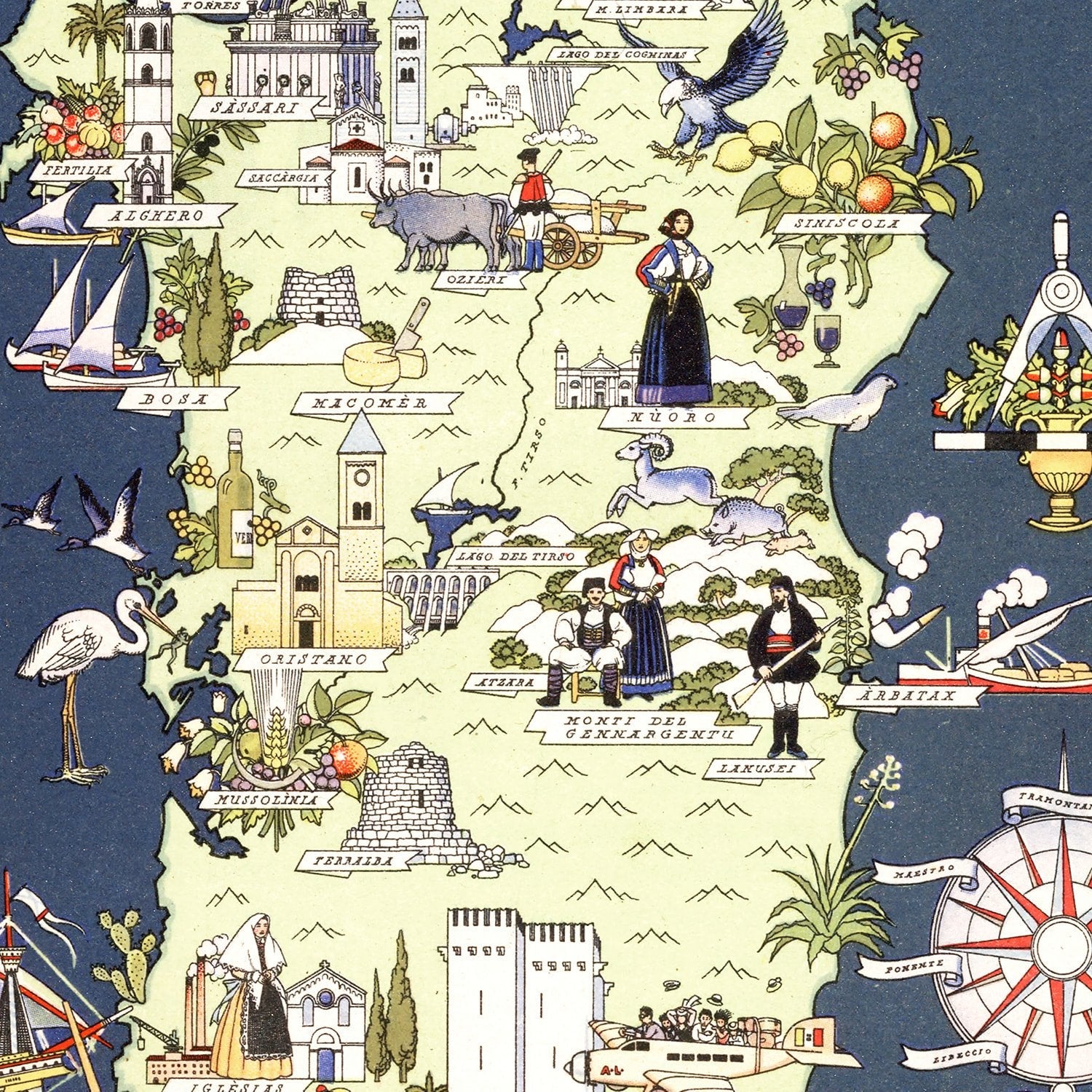 Vintage Map of Sardinia Italy, 1938