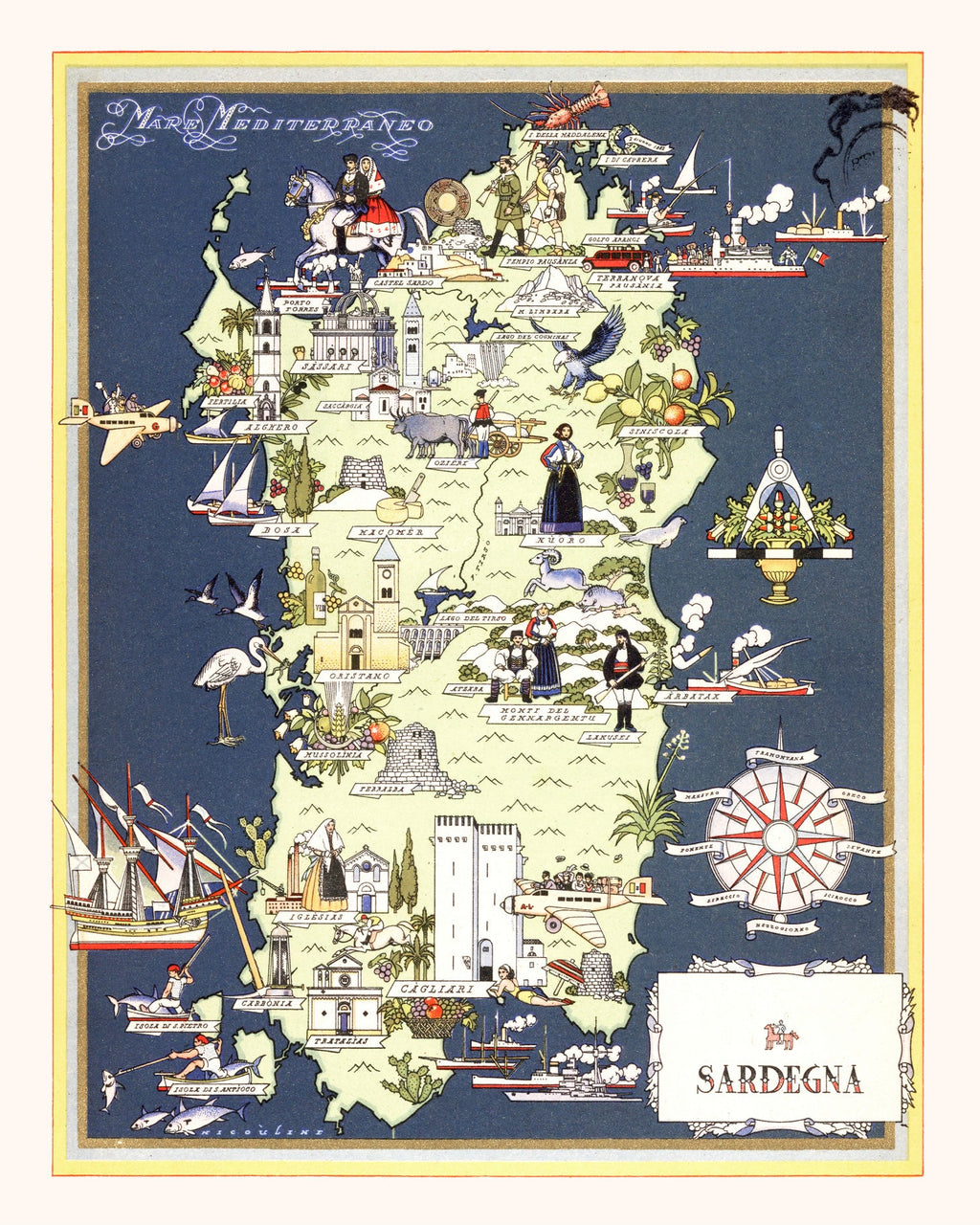 Vintage Map of Sardinia Italy, 1938