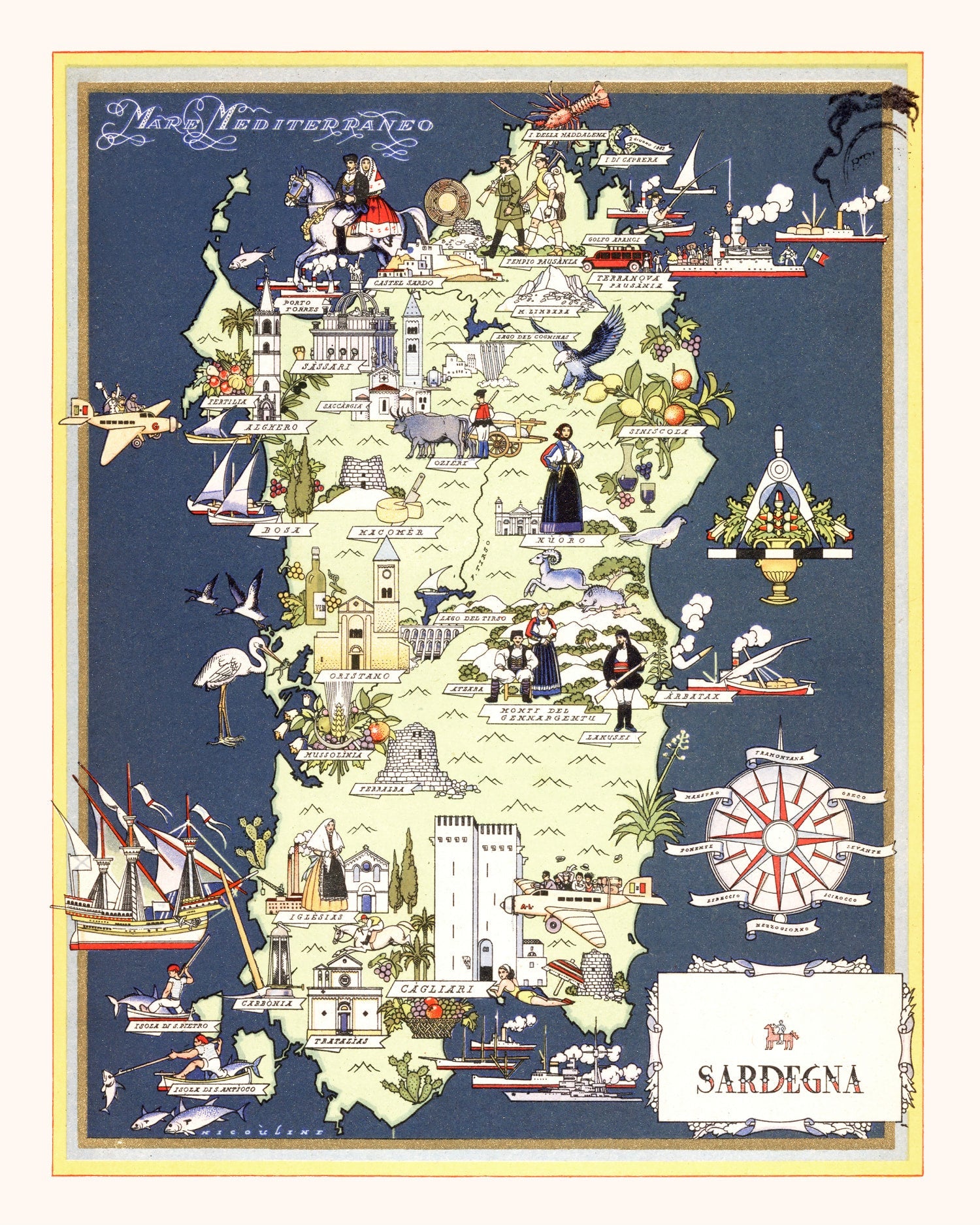 Vintage Map of Sardinia Italy, 1938