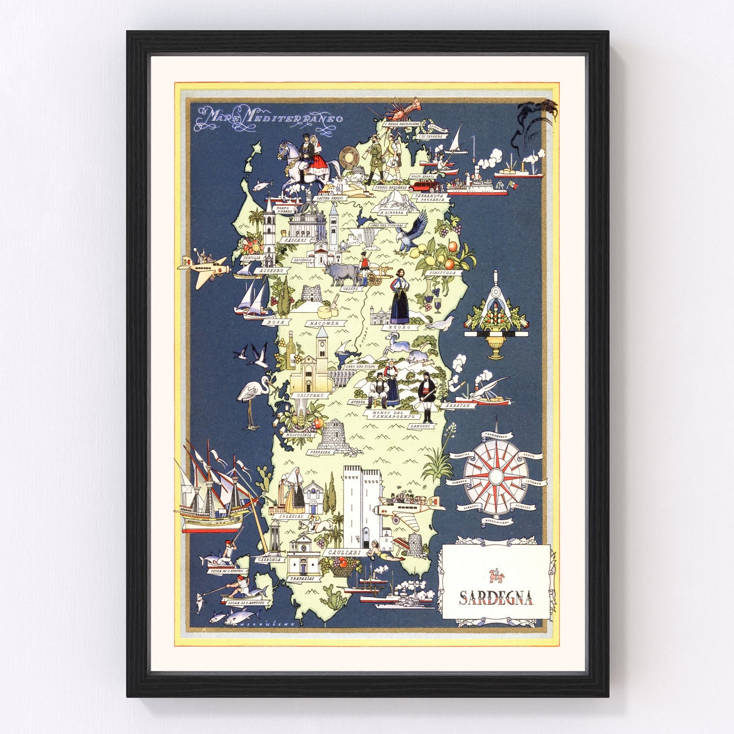 Vintage Map of Sardinia Italy, 1938