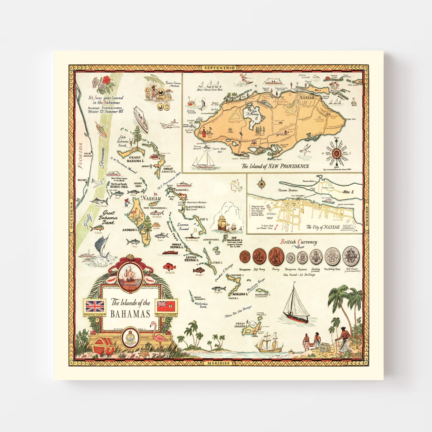 Vintage Map of Bahamas, 1951