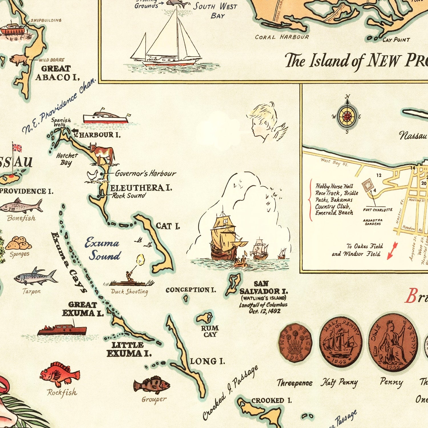 Vintage Map of Bahamas, 1951