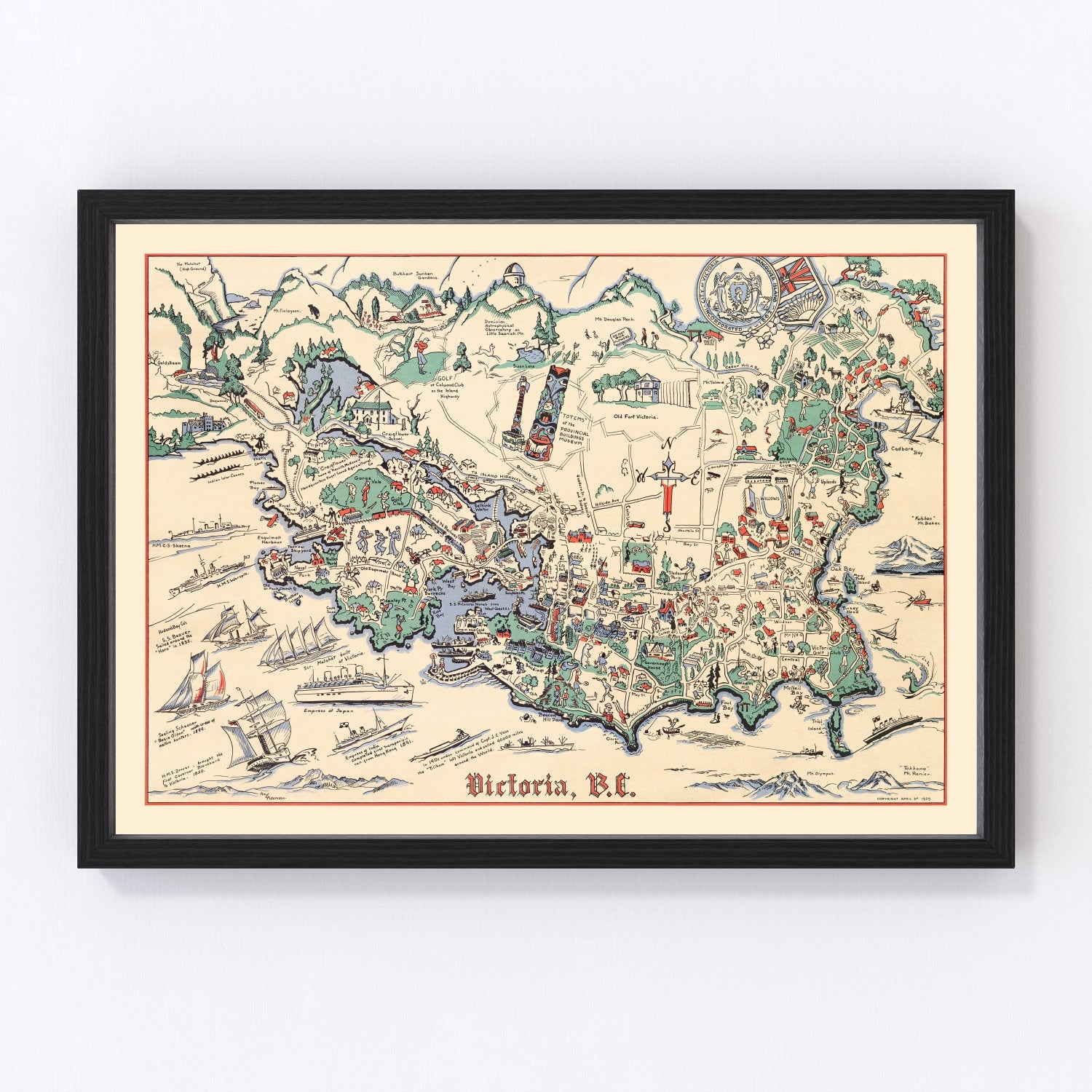 Vintage Map of Victoria, Canada 1939