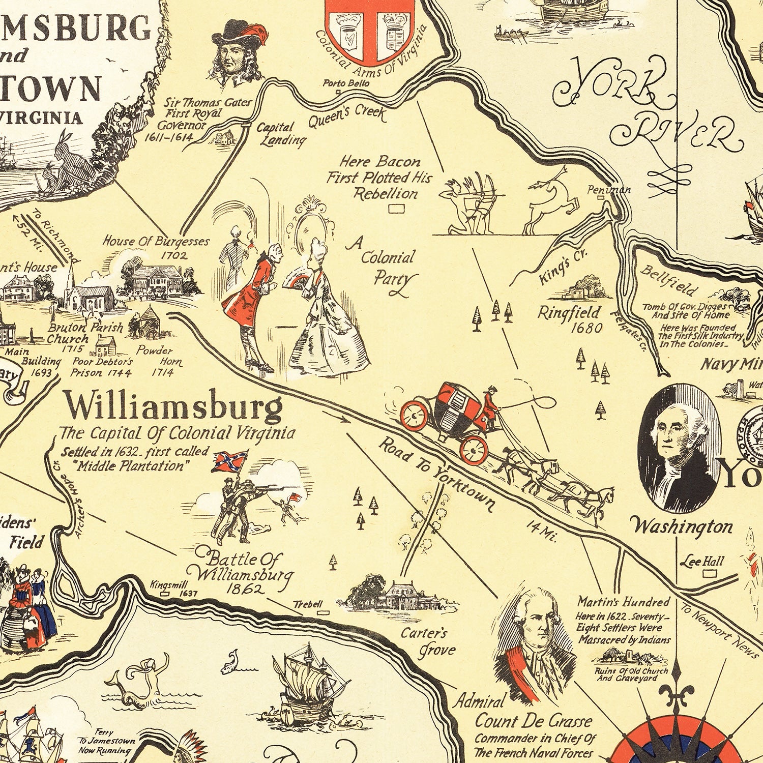 Vintage Map of Jamestown & Williamsburg, 1930