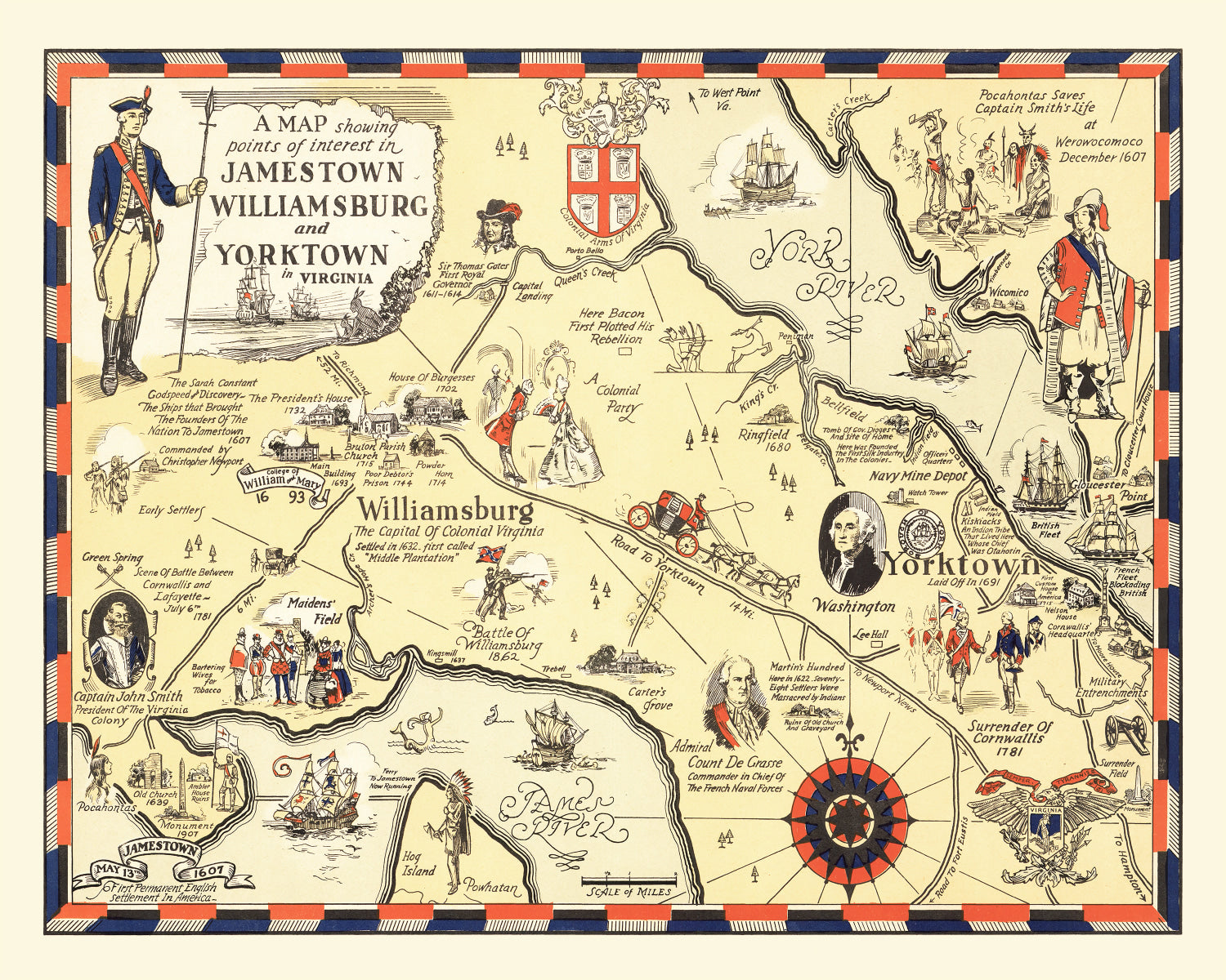 Vintage Map of Jamestown & Williamsburg, 1930