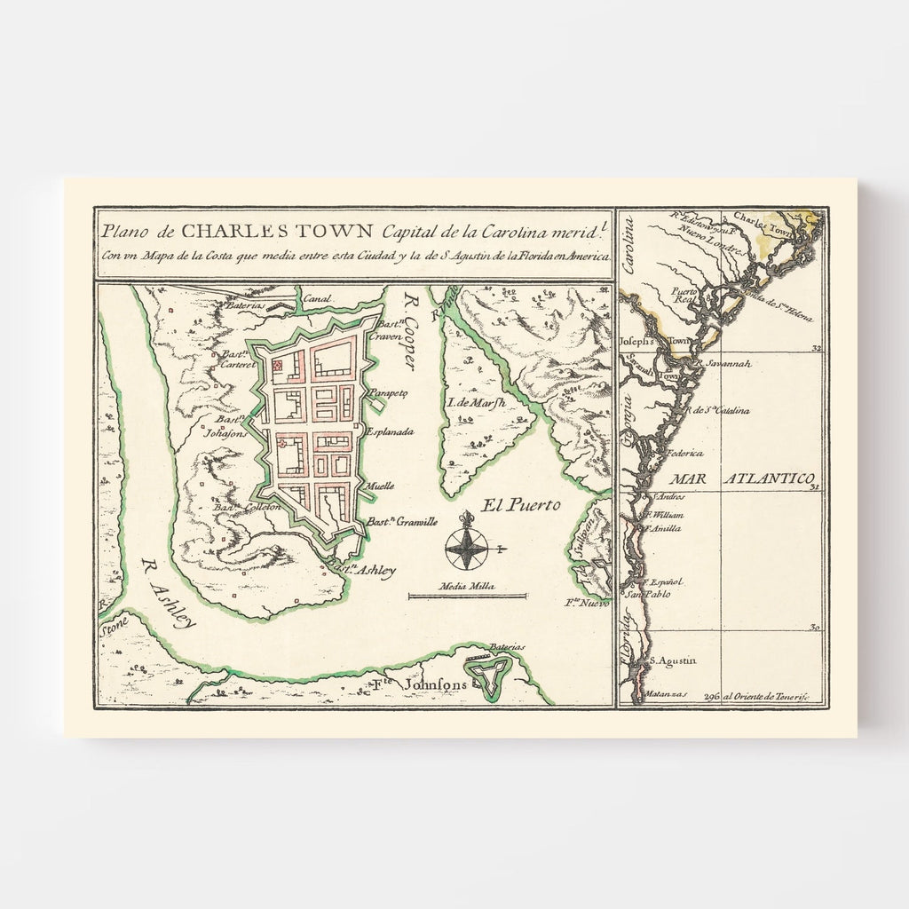 Vintage Map of Charleston, South Carolina 1753